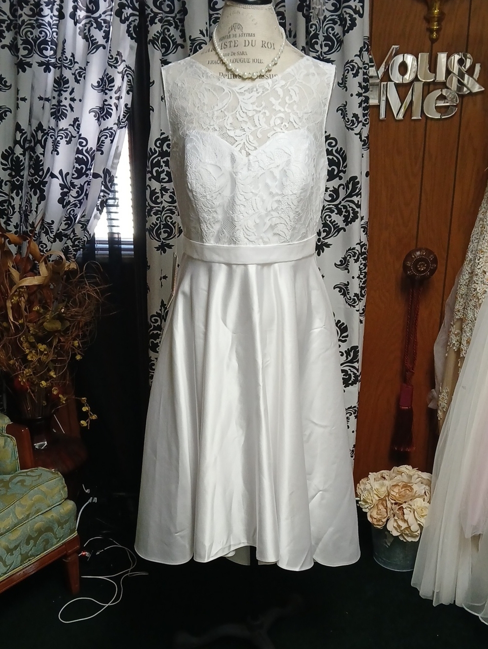 JJs House White Lace Bodice Satin A-Line Tea-Length Wedding Dress